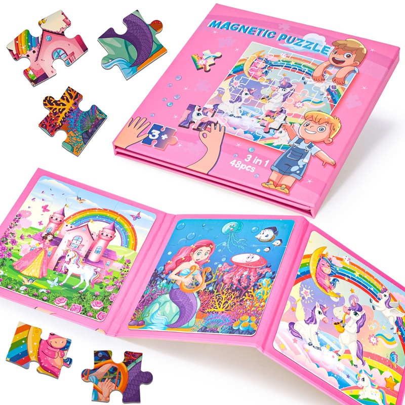 Lovestown Magnetic Puzzles For Toddlers, 48Pcs Fairytale Travel Puzzle Book, 3 In 1 Educational Learning Magnets For Kids, Ideal Road Trip Activities Toys For Boys And Girls