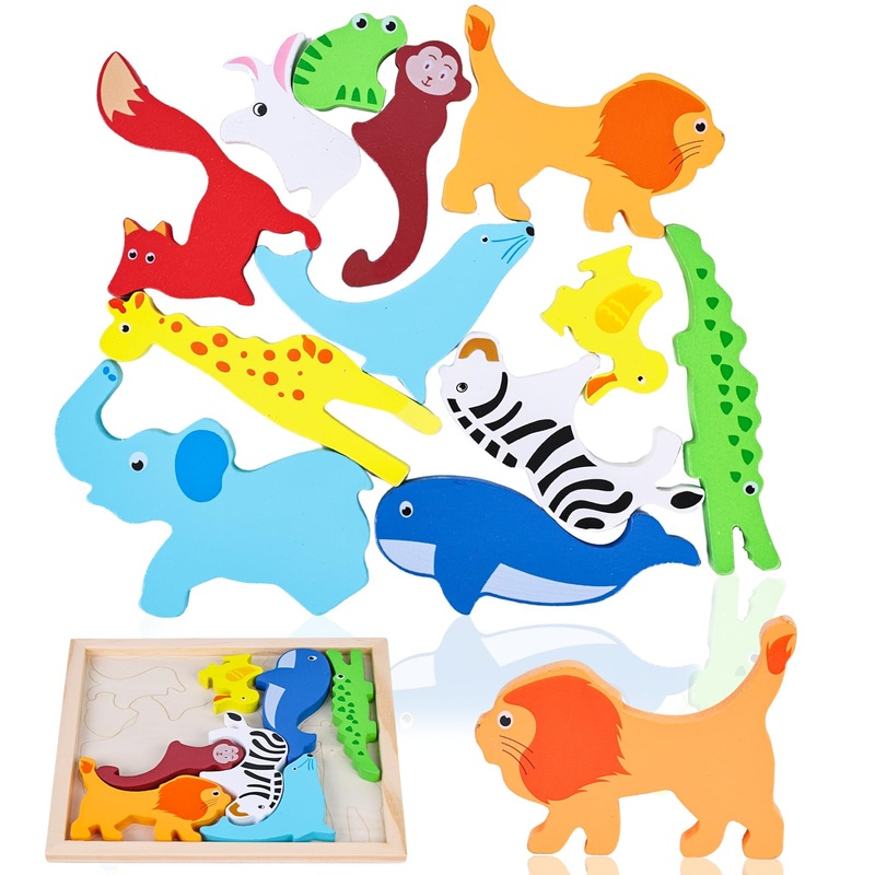 Lovestown Wooden Animal Stacking Puzzles,Chunky Jigsaw Montessori Toys For Kids, Educational Preschool Learning Toys, Toddler Birthday Gifts, 12 Pcs