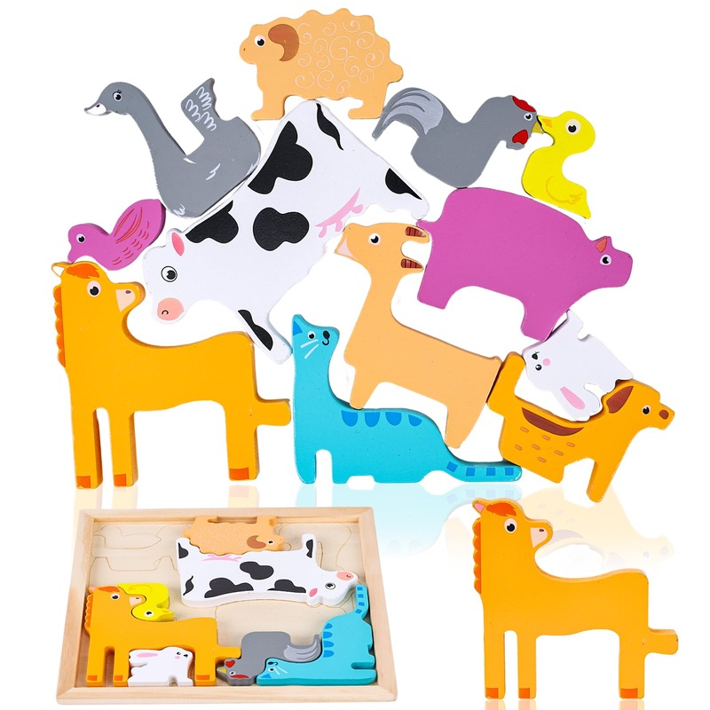Lovestown Wooden Stacking Puzzles For Kids, Farm Animal Chunky Jigsaw, Educational Learning Toy, 12 Pcs