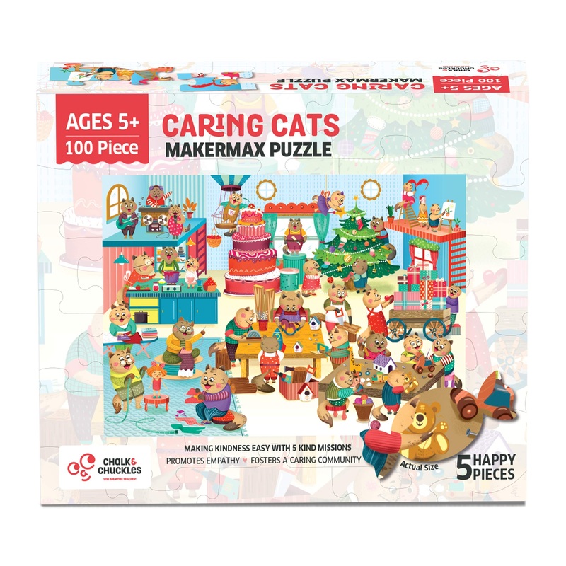 Makermax 100 Piece Puzzles For Kids - Caring Cats From Chalk And Chuckles For Kids Ages 5 And Up - Jigsaw Puzzle Activity With Kindness Missions - Educational Gift For Boys And Girls 5, 6, 7, 8 Years