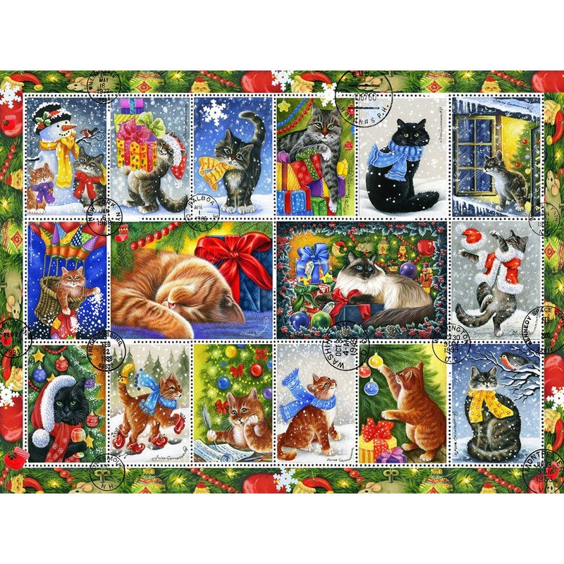 Vermont Christmas Company Christmas Cat Stamps Jigsaw Puzzle 550 Piece