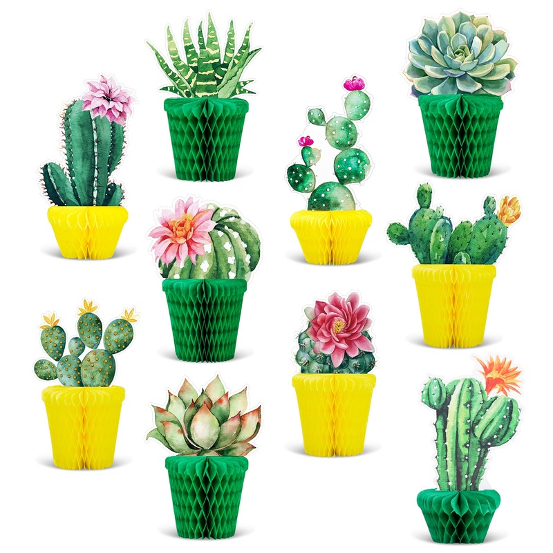 Whaline 10Pcs Cactus Honeycomb Centerpiece Potted Succulent Paper Table Topper Rustic Bloom Theme Summer Party Table Decoration For Birthday Hawaiian Luau Baby Shower Photography