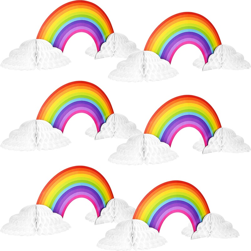 Willbond Rainbow Honeycomb Paper Centerpiece Rainbow Cloud No Crease Converting Centerpieces For Christmas Birthday Party Tables Decoration(4 Pieces)