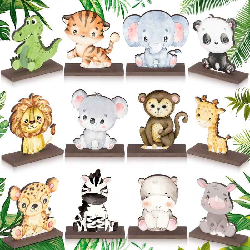 Yaomiao 12 Pcs Safari Baby Shower Centerpieces Safari Jungle Animals Wooden Table Centerpiece Safari Baby Shower Decorations Wild Animals Birthday Decorations For Boys Kids Baby Shower Nursery Party (Jungle Animals)
