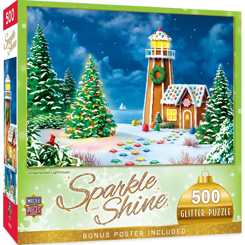 Masterpieces 500 Piece Glitter Christmas Jigsaw Puzzle - Gingerbread Lighthouse - 15'X21'
