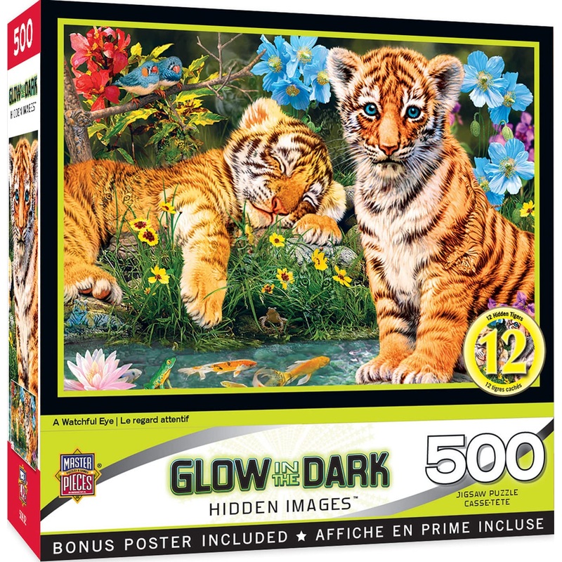 Masterpieces - 500 Piece Jigsaw Puzzle, Glows In The Dark, Hidden Images, A Watchful Eye, Fun For Adults, Family, Kids, 15' X 21'