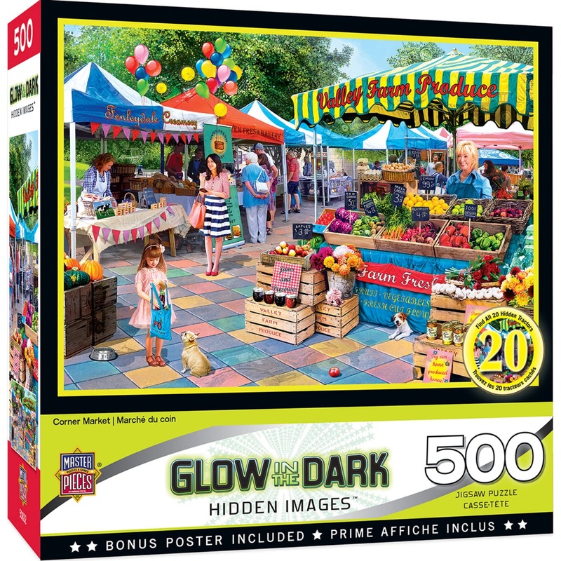Masterpieces - 500 Piece Jigsaw Puzzle, Glows In The Dark, Hidden Images, Corner Market, Fun For Adults, Family, Kids, 15' X 21'