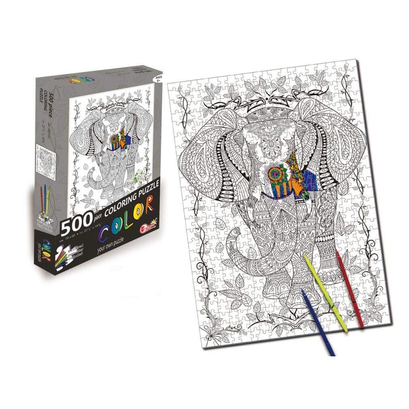 Elephant 500 Piece Coloring Jigsaw Puzzle + 6 Markers