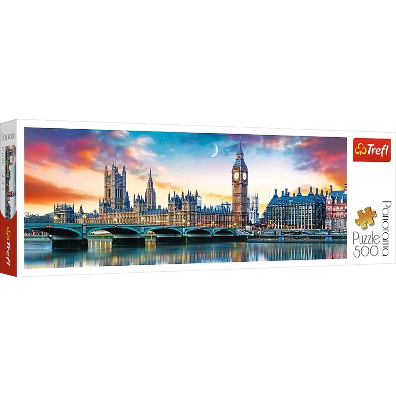 Trefl Panorama Big Ben And Palace Of Westminster, London 500 Piece Jigsaw Puzzle Red 26'X9' Print, Diy Puzzle, Creative Fun, Classic Puzzle For Adults And Children From 10 Years Old