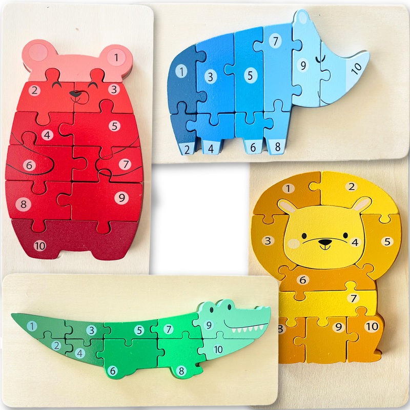 Hapinest Wooden Jigsaw Puzzles (4-Pack) For Toddlers Kids Boys And Girls Ages 3-5 Years Old, Zoo Friends | 4-10 Piece Puzzles And Storage Bag