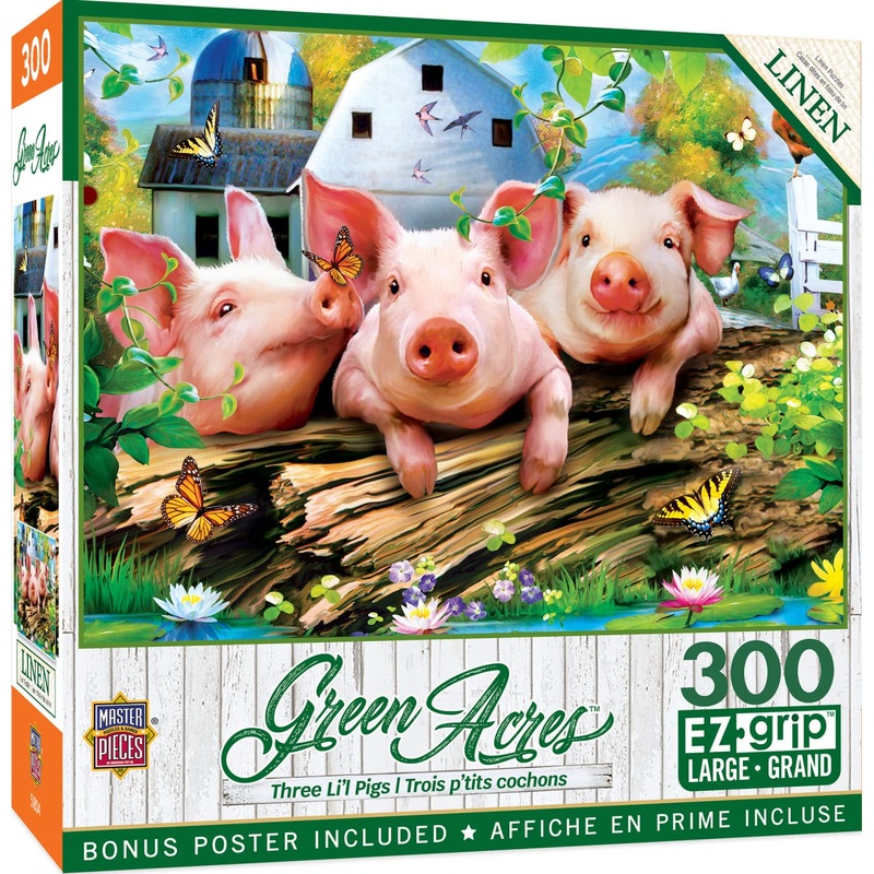 Masterpieces - 300 Piece Jigsaw Puzzle, Large Ez Grip Shapes, Three Lil Pigs, Fun For Adults, Seniors, Family, Kids, Matte Finish, 18'X24