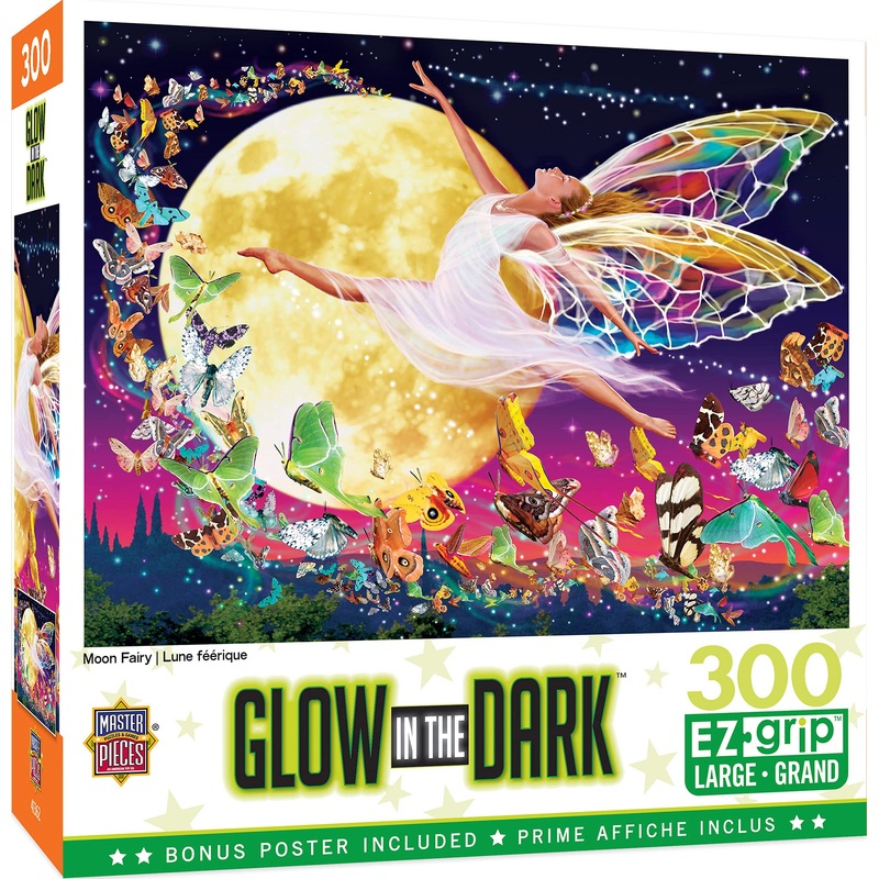 Masterpieces - 300 Piece Jigsaw Puzzle With Large Ez Grip Shapes, Glows In The Dark, Moon Fairy, Activity Fun For Adults, Seniors, Family, Kids, 18' X 24'