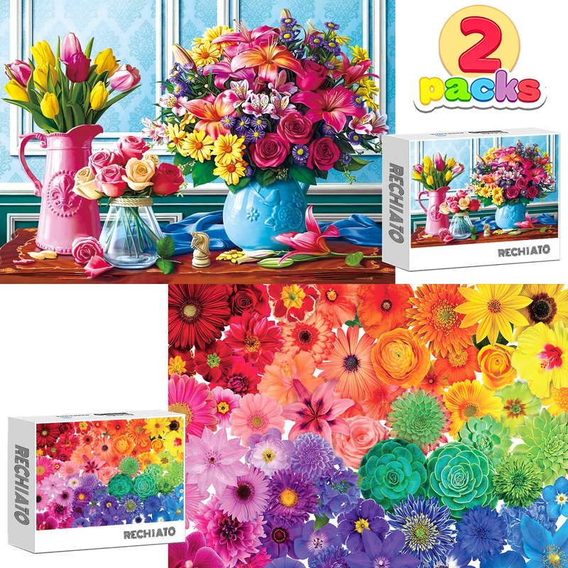 1000 Pieces Flower Puzzles For Adults, 2 Pack Colorful Flowers Jigsaw Puzzles, Spring Plants Rose Daisy Blooms Challenging Funny