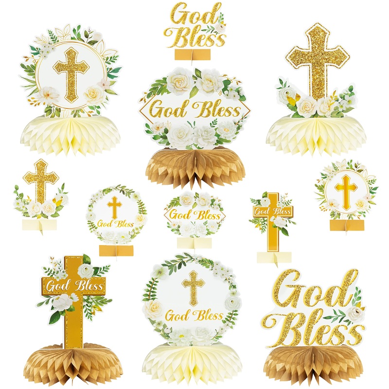 Angolio White Gold Floral Honeycomb Centerpieces - 12Pcs Rose Greenery God Baptism Honeycomb Centerpieces Baby Shower Decor For Boy Girl Party Decor 3D Table Toppers God Bless First Communion Birthday