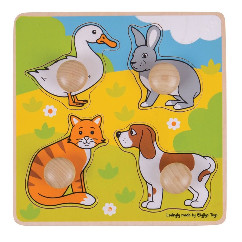 Bigjigs Toys Wooden Peg Puzzle Pets - Quality Peg Puzzle For 1 Year Old, Fine Motor Skills Toys For Babies & Toddlers, First Animal Jigsaw Puzzle