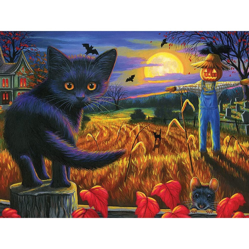 Bits And Pieces - 1000 Piece Jigsaw Puzzle For Adults 20' X 27'' - Cornfield Moon - 1000 Pc Black Cat Scarecrow Field Night Bat
