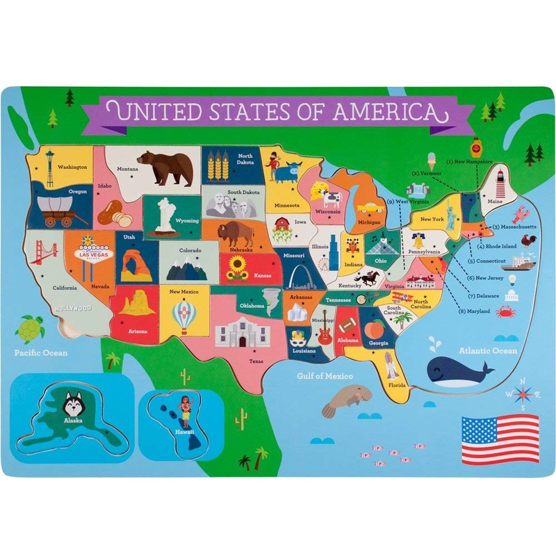 Imagination Generation Usa States Chunky Puzzle Board - Learn All 50 States With Professor Poplar'S Wooden Pegged Puzzles - Chil