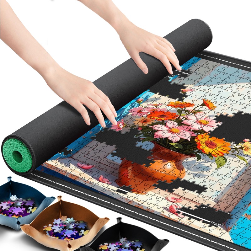 Jigsaw Puzzle Mat Roll Up,No Creases 43'' X 25'' Rubber Saver Pad Up To 1500 Pieces, Black Large Puzzel Matt Rollup With 6 Sorti