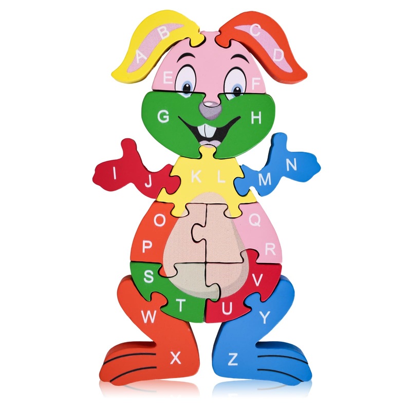 Lovestown Rabbit Wooden Puzzles, 26Pcs Alphabet And Number Building Blocks Wood Jigsaw Puzzle For Kids Preschool