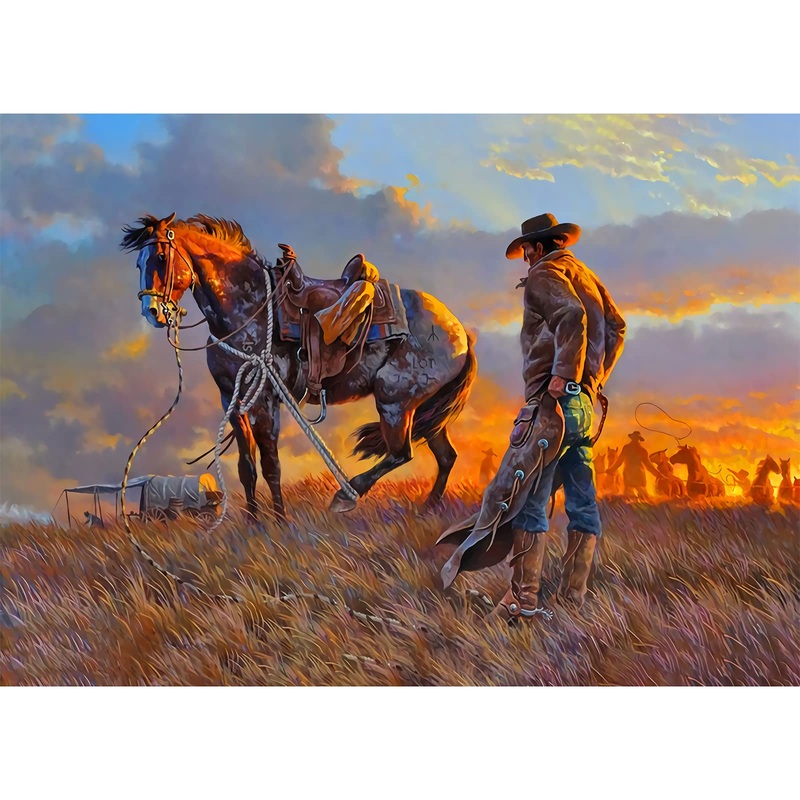 Najiaxiaowu Wooden 1000 Pieces Jigsaw Puzzles For Adults, Elderly Or Kids, Western Cowboy Rider Prairie Wind Flower Puzzle For F