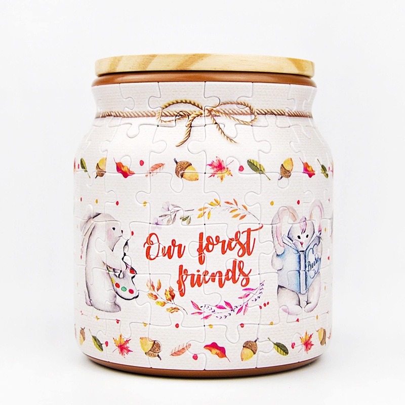 Pintoo 3D Puzzle Jar 96 Plastic Pieces For Adults - Rabbit And Squirrel - Use Includes Divider As Pen And Utensils Holder With Wooden Lid For Kitchen Dining Study Living Room Large [Bb1002]