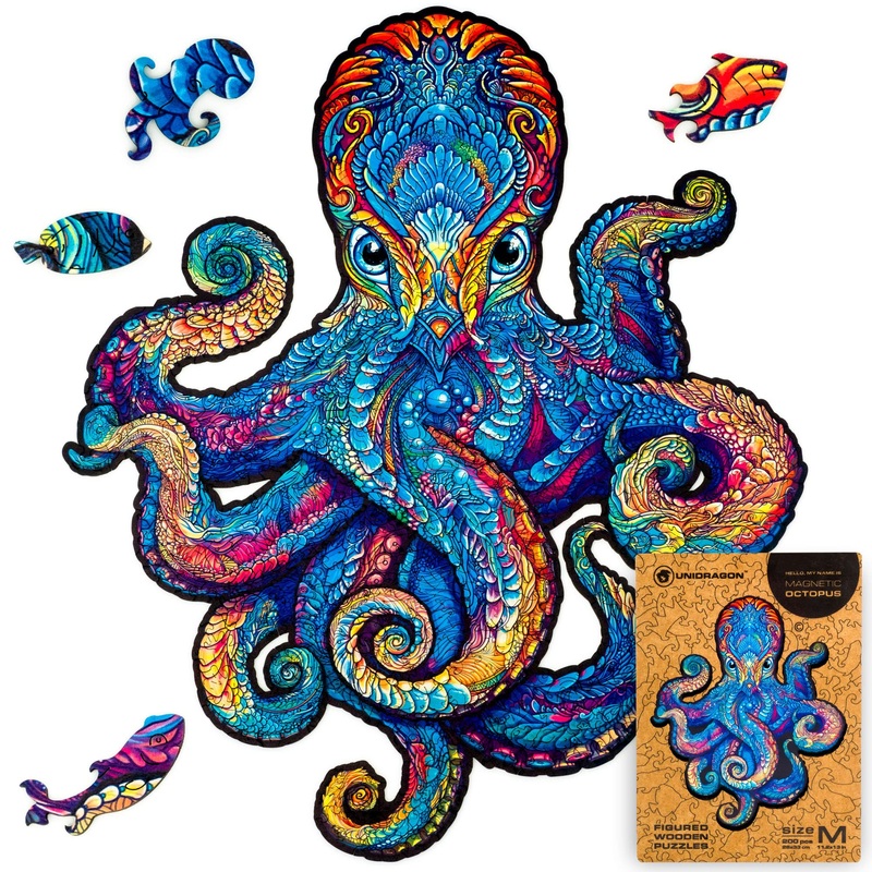 Unidragon Original Wooden Jigsaw Puzzles - Magnetic Octopus, 200 Pieces, Medium Size 11.2'' X 13'', Beautiful Gift Package, Uniq