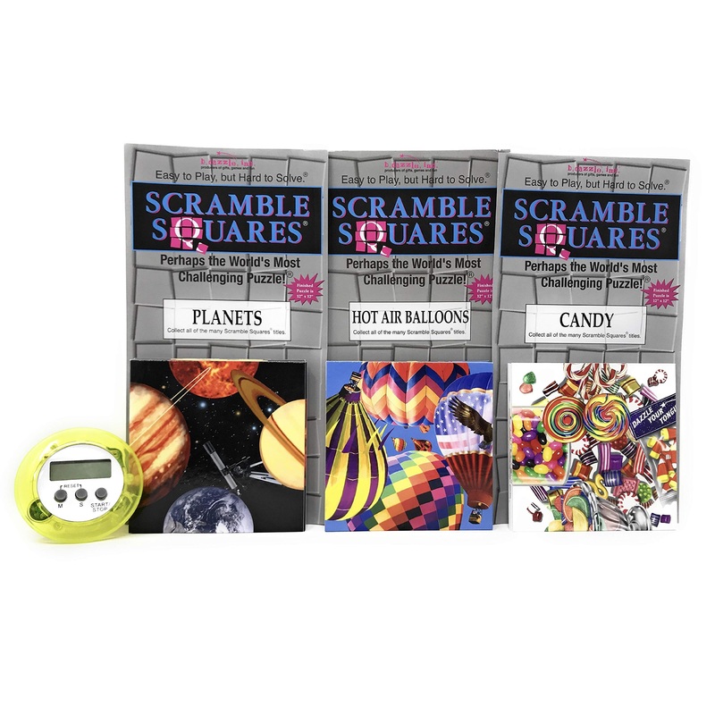 Bundle Of Scramble Squares B. Dazzle Puzzles For Seniors/Adults/Teens/Kids - 3 Puzzles Included - Hot Air Balloons, Planets And Candy With A Bonus Digital Timer