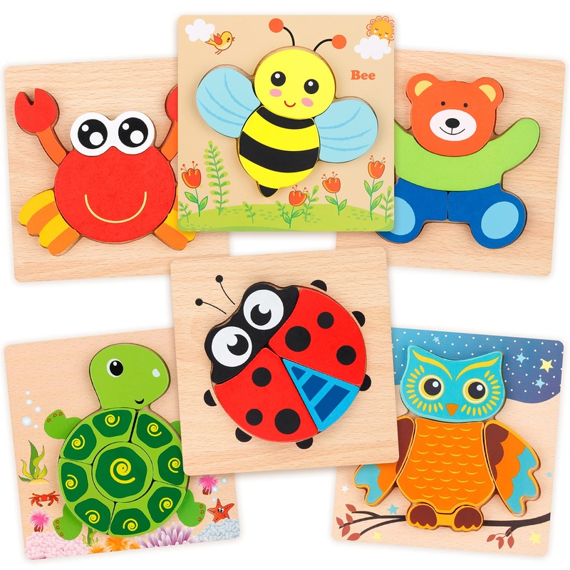 Coogam Wooden Jigsaw Puzzle Set, 6 Pack Animal Shape Color Montessori Toy, Fine Motor Skill Early Learning Preschool Educational Gift Game For Years Old Kids