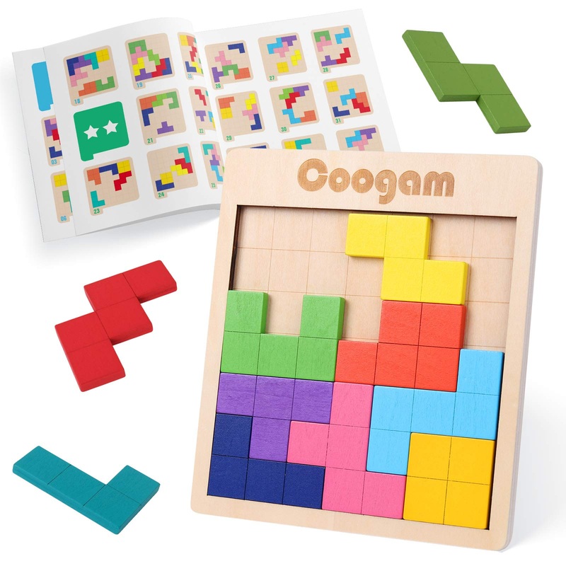 Coogam Wooden Puzzle Pattern Blocks Brain Teasers Game With 60 Challenges, 3D Russian Building Toy Wood Tangram Shape Jigsaw Puzzles Montessori Stem Educational Toys Gift For Kids Adults