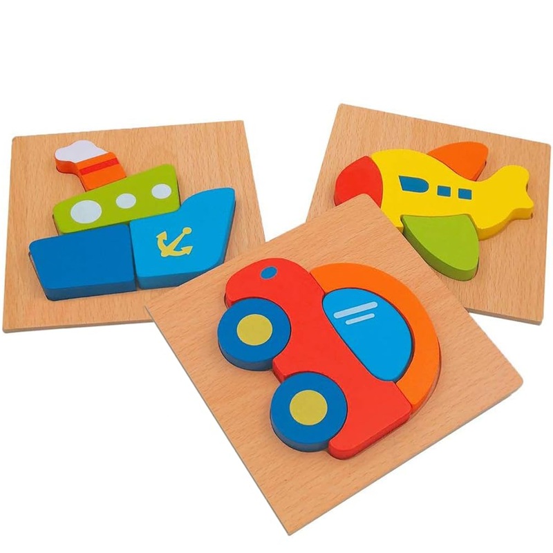 Dreamseden Wooden Chunky Jigsaw Puzzles Set - Animal Block Learning Educational Toys Gifts For Kids Boys Girls, 3 Pcs (Plane Ship Car)