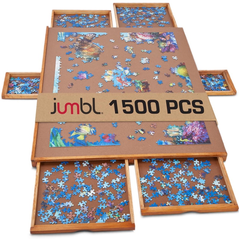 Jumbl 1500-Piece Puzzle Board | 27 X 35 Jigsaw Puzzle Table | 6 Removable Magnetic Sorting Drawers | Smooth Plateau Fiberboard Work Surface & Hardwood Construction | For Games & Puzzles