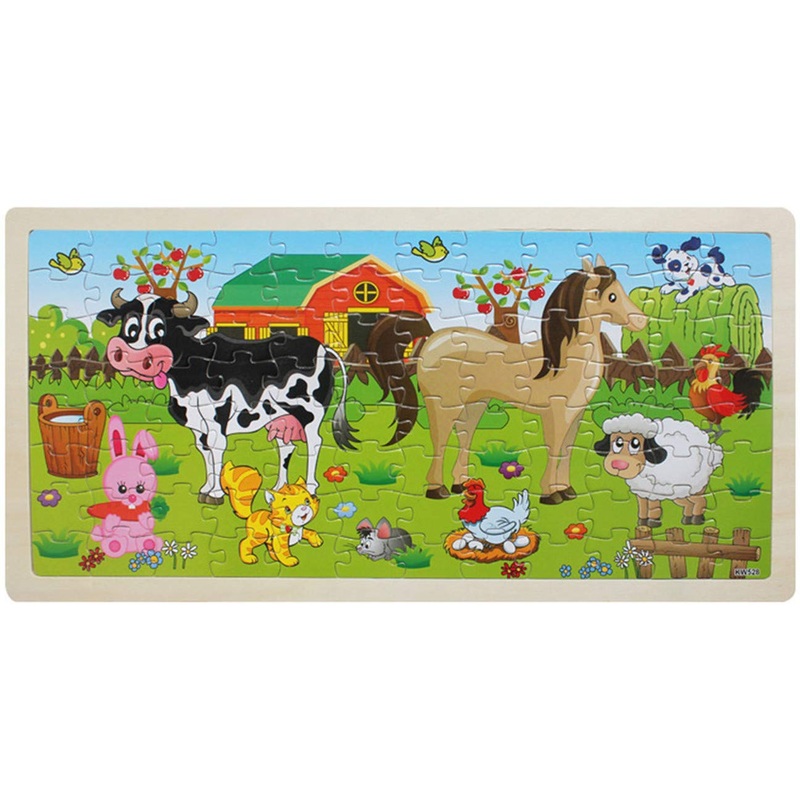 Prow 96 Piece Colorful Wooden Jigsaws Puzzles Farm Animal Kids Develop Brain Puzzle With Storage Tray For Over 14 Years Old Children Ideal Gifts, 17.7 * 8.8Inch