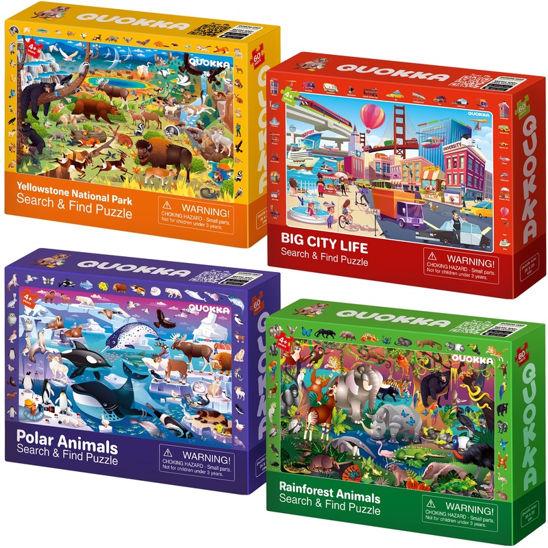 Puzzles For Kids Ages 4-6 - 4 X 60 Puzzles For Toddlers 3-5 By Quokka - Educational Search & Find Toy For 6-8-10 Yo For Learning Forest Polar, Usa National Park Animals & City Life