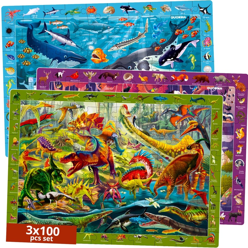 Quokka 100 Pieces Floor Puzzles For Kids Ages 4-6  3 Jigsaw Kids Puzzles Ages 6-8  Search & Find Learning Game For Toddlers 3-5 Ocean Wild Animals & Dinosaurs - Gift Games For Children 8-10