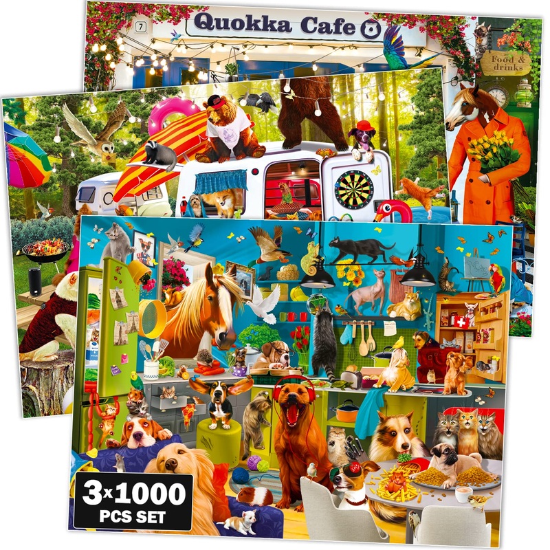 Quokka Jigsaw Puzzles 1000 Pieces For Adults And Up- Set Of 3 Puzzles For Men And Women - Funny Animals For Kids Ages 8-12 And Up - Colourful Game With Cats Dogs Pets For Family