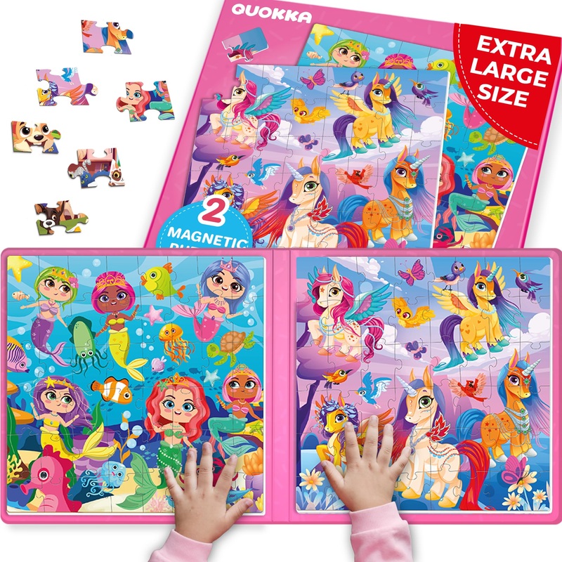 Quokka Magnetic Puzzles For Kids Ages 4-6 - 2X48 Travel Puzzle Games For Toddlers 3-5 Years Old - Car Activities Toy For Boys And Girls 2-4 Yo - Unicorns & Mermaid Learning Magnet For Road Trip