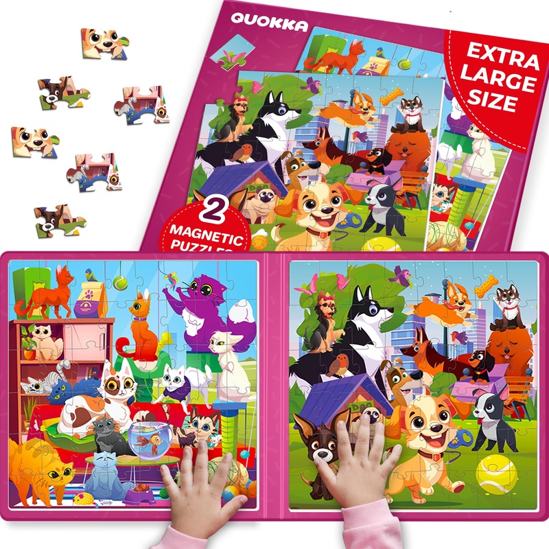Quokka Magnetic Puzzles For Toddlers 3-4 - 2X48 Travel Puzzle Games For Kids Ages 3-5 Years Old - Car Activities Toy For Boys And Girls 4-6 Yo - Cats & Dogs Learning Magnet For Road Trip