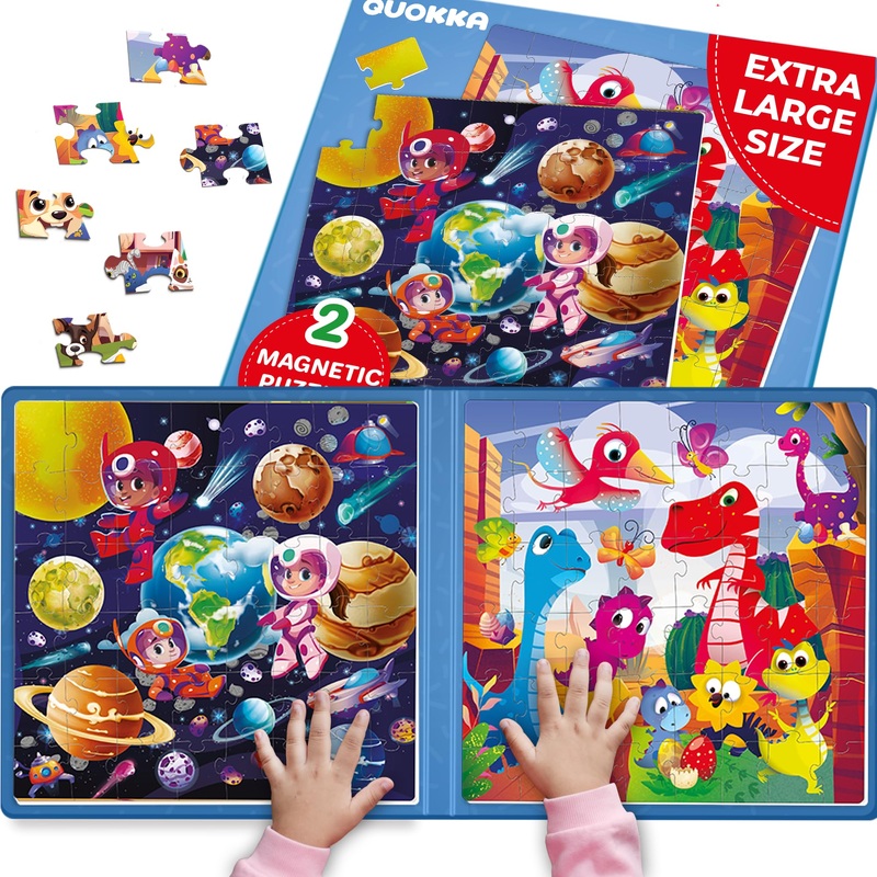 Quokka Magnetic Puzzles For Toddlers 4-6 - 2X48 Travel Puzzle Games For Kids Ages 3-5 Years Old - Dinosaur Car Activities Toy For Boys And Girls 2-4 Yo - Space Learning Magnet For Road Trip