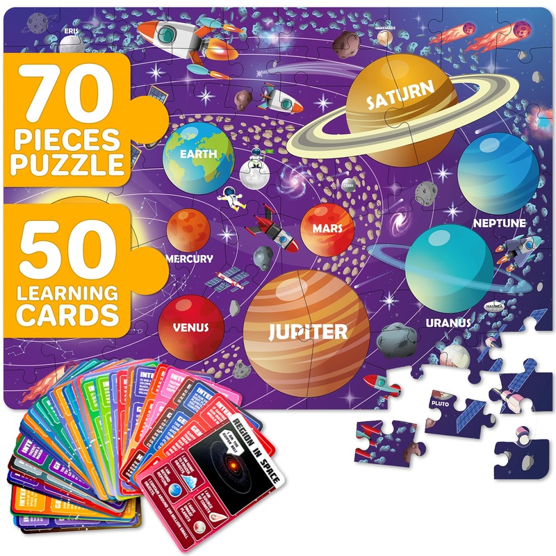 Quokka Puzzles For Kids Ages 4-6 - 70 Pcs Jigsaw Puzzles For 6-8 Year Olds - 400+ Facts On 50 Double-Sided Flashcards | Learn Space| Education Activity Gift - Shaped Puzzles For Toddlers