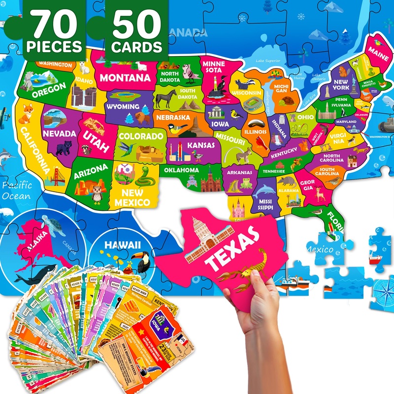 Quokka Puzzles For Kids Ages 4-6 - 70 Pcs Jigsaw Puzzles For 6-8 Year Olds - 50 Double-Sided Cards | Learn Usa| Stimulating Education Activity Gift - Shaped Puzzles For Toddlers