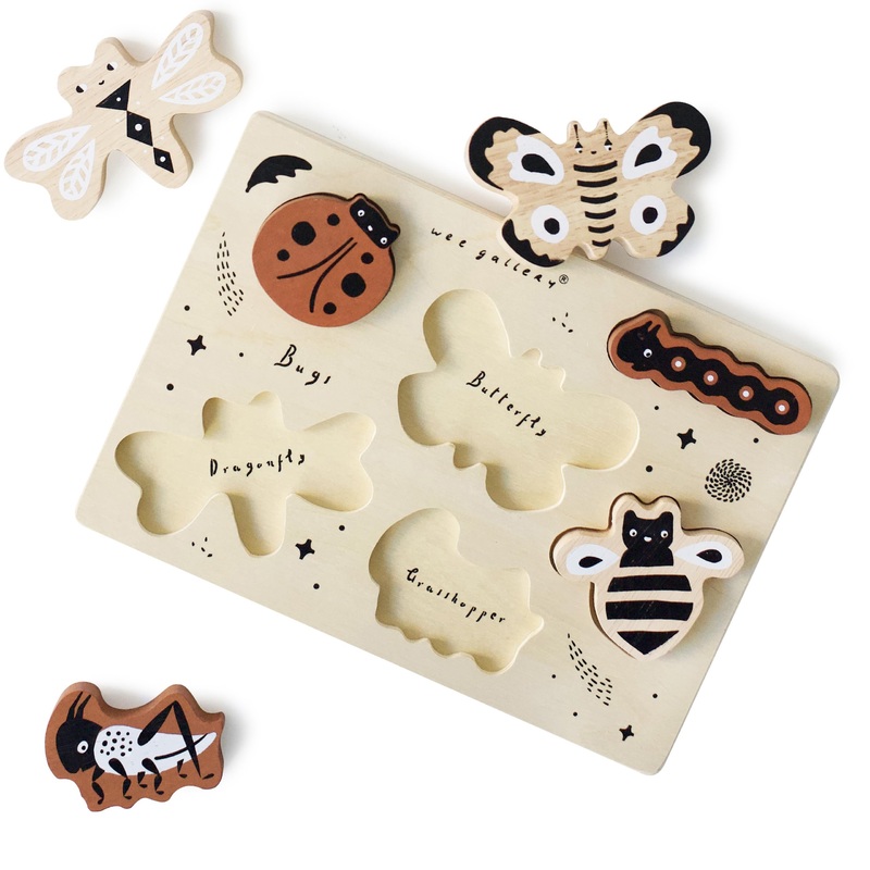 Wee Gallery Wooden Animals Tray Puzzle Bugs - Montessori Toys, Motor Skills Development, Early Learning Activity, Brain Games, Educational Toys For Kids, Toddler, Preschool Activities (Age 2 3 4)