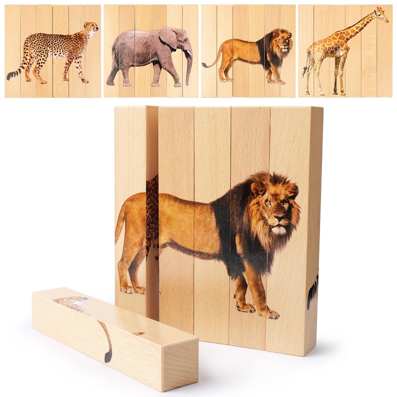 Wooden Puzzles For Toddlers 1-3: Animal Toddler Puzzles For 2-4 Years Old, Montessori Toys Learning Educational Chunky Puzzle, 4-In-1 Safari Animal Wooden Toys For Kids Baby Boys Girls Gifts