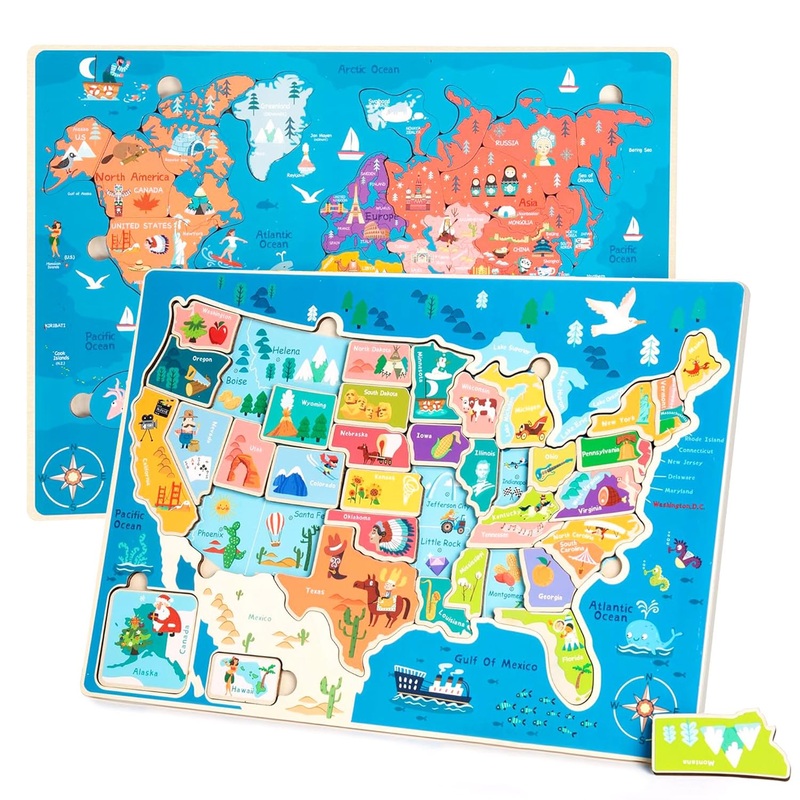 2 Pack Puzzles For Kids Ages 4-6, Wooden Puzzles For Toddlers, Busy Board, Map Jigsaw Puzzle Educational Wood Floor Puzzle, World Usa Maps Puzzles Toy Gift For Boys And Girls (Us & World Map)
