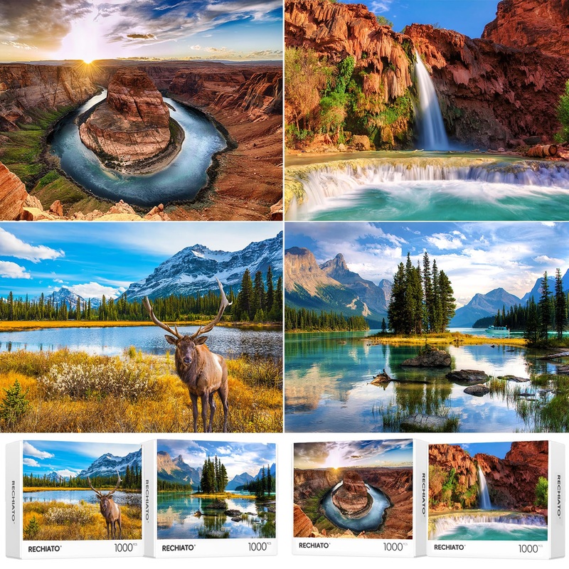4 Pack Puzzles For Adults 1000 Pieces Rocky Mountain & Grand Canyon Colorado & Spirit Island, Nature Jigsaw Puzzles For Adults 1000 Pieces And Up
