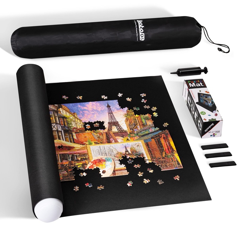 Becko Us 2000 Piece Jigsaw Puzzle Mat Roll Up With Black Pump & Drawstring Storage Bag, Black Felt Mat For Easy Transport & Storage, Portable Puzzle Saver For 2000 1500 1000 500 Pieces Jigsaw Puzzles