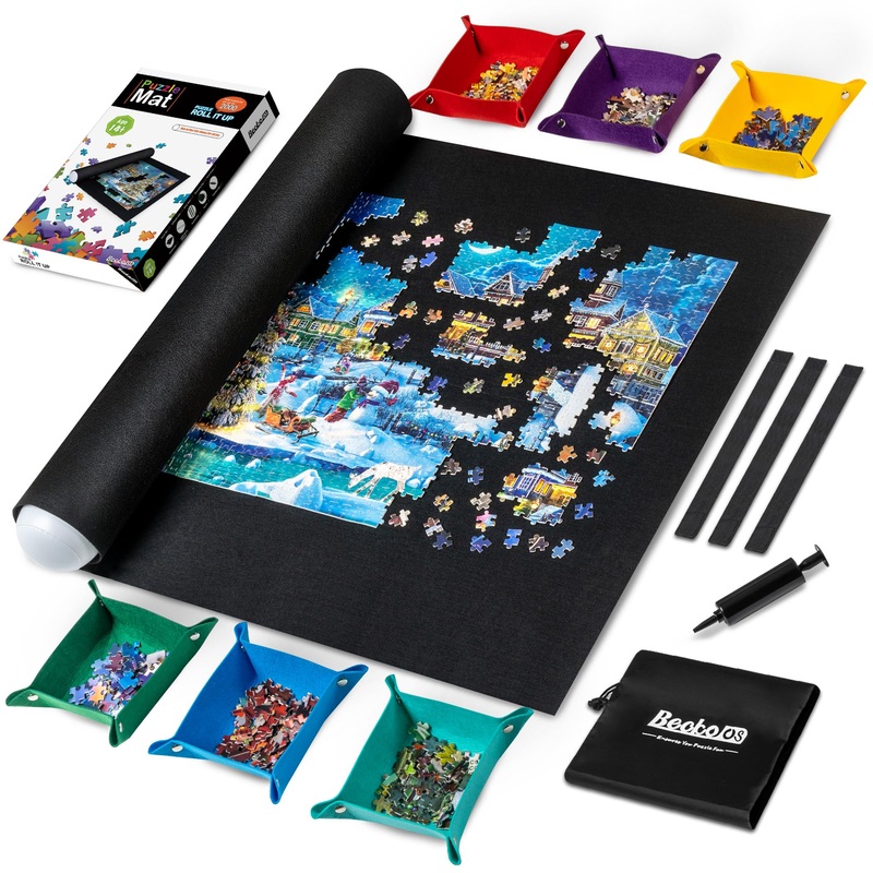 Becko Us 2000 Piece Puzzle Mat Roll Up With 6 Sorting Trays & Storage Bag & Black Pump, Jigsaw Felt Mat For Easy Transport & Storage, Portable Puzzle Saver For 2000 1500 1000 500 Pieces Jigsaw Puzzles