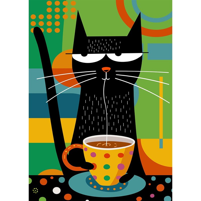Bgraamiens -Coffee Cat- Modern Art Cartoon Whimsical Cat 1000 Pieces Puzzle For Adult