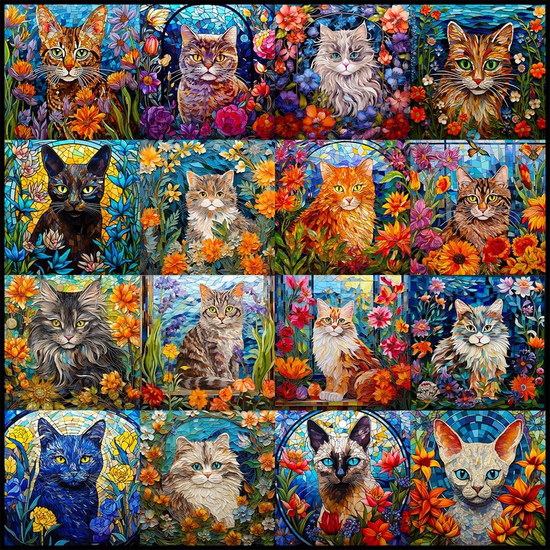 Bgraamiens Puzzle-Mosaic Art Cats-1000 Pieces Mosaic Art Puzzle For Adults, Stained Glass Art Puzzle With Cats And Flowers, Impossible Puzzle Color Challenge Cats Puzzle For Adults