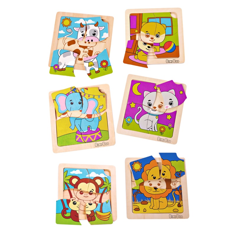 Bimi Boo 6-Sets Of Animal Themed Jigsaw Wooden Puzzles For Toddlers 1-3 - Preschooler Montessori 4-Pieces Puzzle Sets - Stem Educational Learning Wooden Toy For Babies (4 Pcs Per Set, 6 Sets)