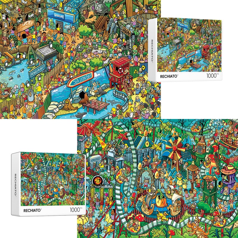 Jigsaw Puzzles For Adults, 2 Pack 1000 Pieces Ocean Park Dinosaur Park Puzzle, Cartoon Painting Challenging Puzzles For Family Activity Game Nights Gifts Fidget Stress Relief